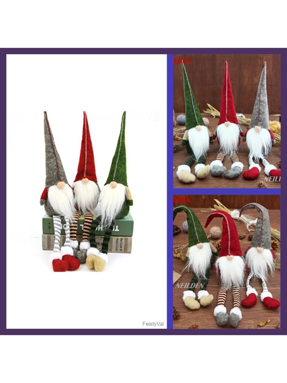 3pc Christmas Gnome Plush Decor Tall Bendable Hat Holiday Ornaments Set